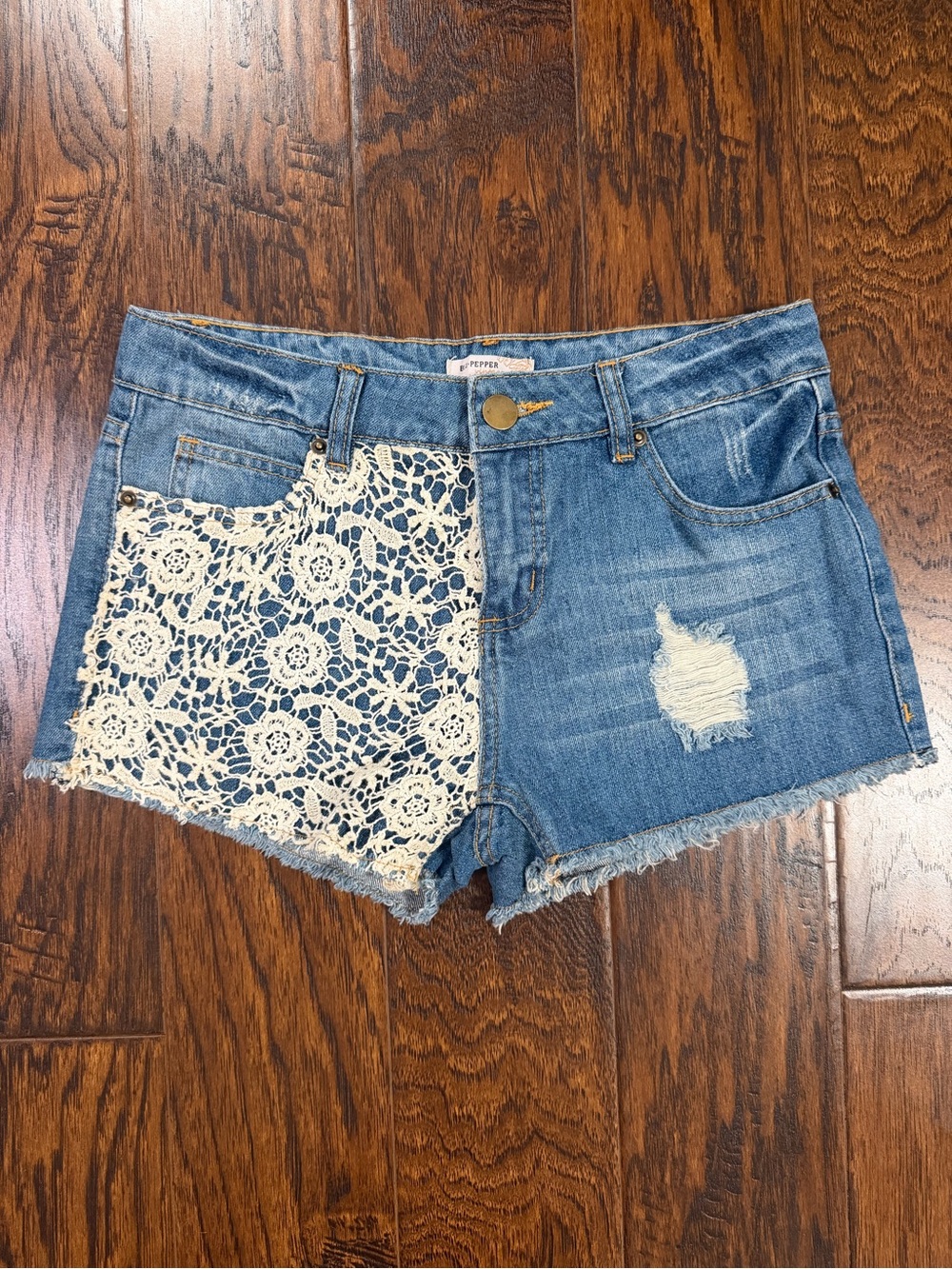 Blu Pepper Blue Denim Shorts with Cream Crochet Panel